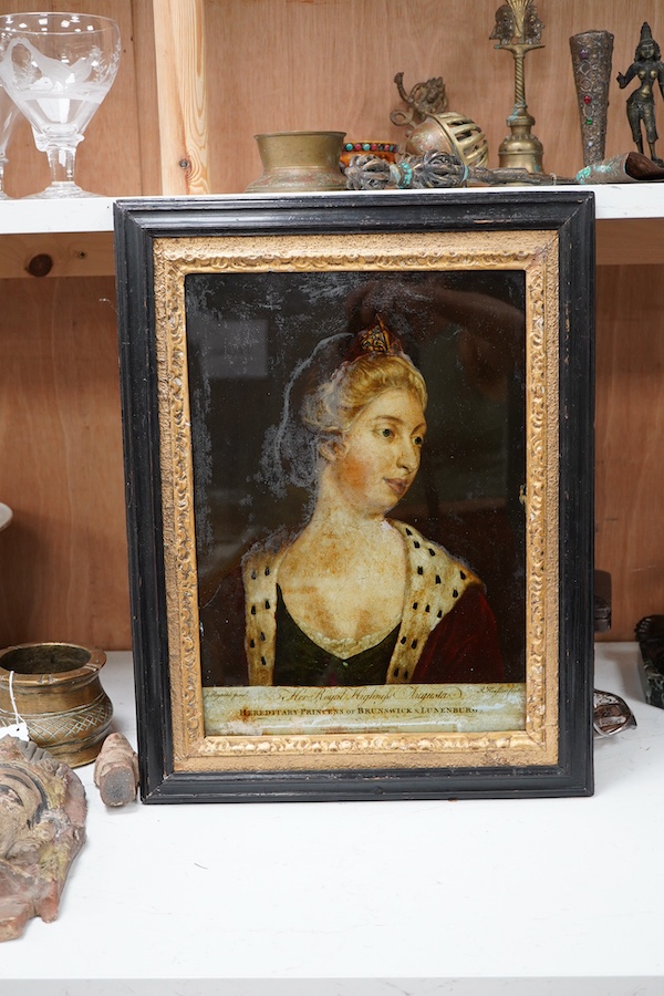 After Sir Joshua Reynolds (1723-1792), 'Her Royal Highness Augusta Hereditary Princess of Brunswick and Lunenburg' sold by John Eynon, London, 18th century reverse glass painted print, 35 x 25cm